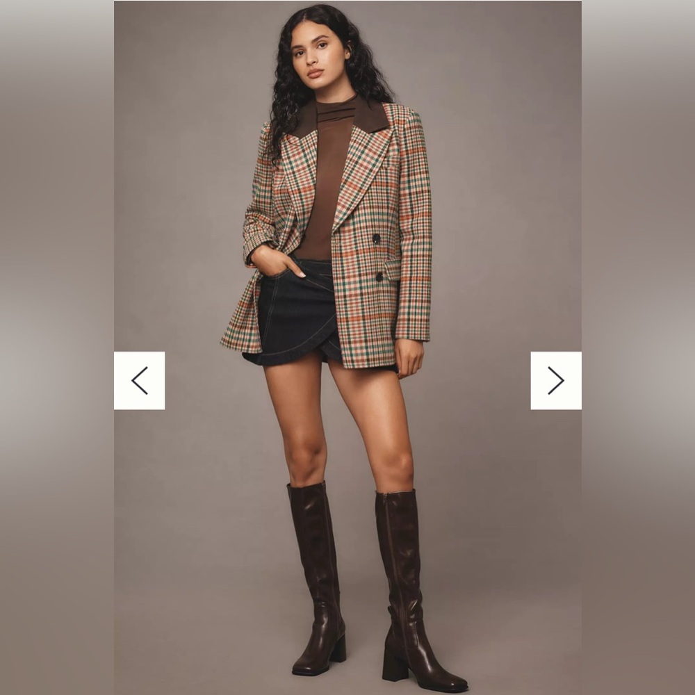 Avec Les Filles Double-Breasted Elbow-Patch Plaid Jacket